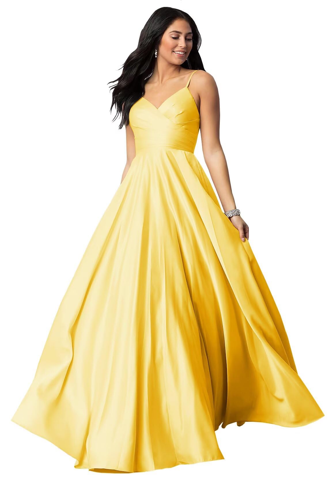 Spaghetti Straps Satin Prom Dresses for Women Long with Pockets Pleated Formal Evening Gowns