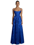 Floral Jacquard Prom Dresses for Women Spaghetti Straps A Line Satin Cowl Neck Formal Evening Party Dress
