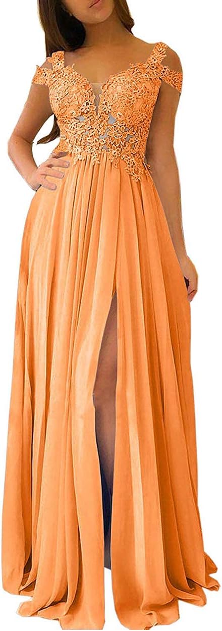 Women's Lace Appliques Prom Dresses Long with Slit Cold Shoulder Formal Party Gown