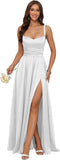 Jacquard Satin Prom Dresses with Slit Spaghetti Straps A Line Maxi Long Formal Dress