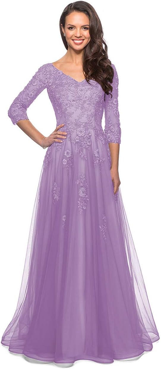 Women's Floral Lace Appliques 3/4 Sleeve Mother of The Bride Dresses Long V Neck Formal Dresses with Pockets