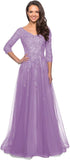 Women's Floral Lace Appliques 3/4 Sleeve Mother of The Bride Dresses Long V Neck Formal Dresses with Pockets