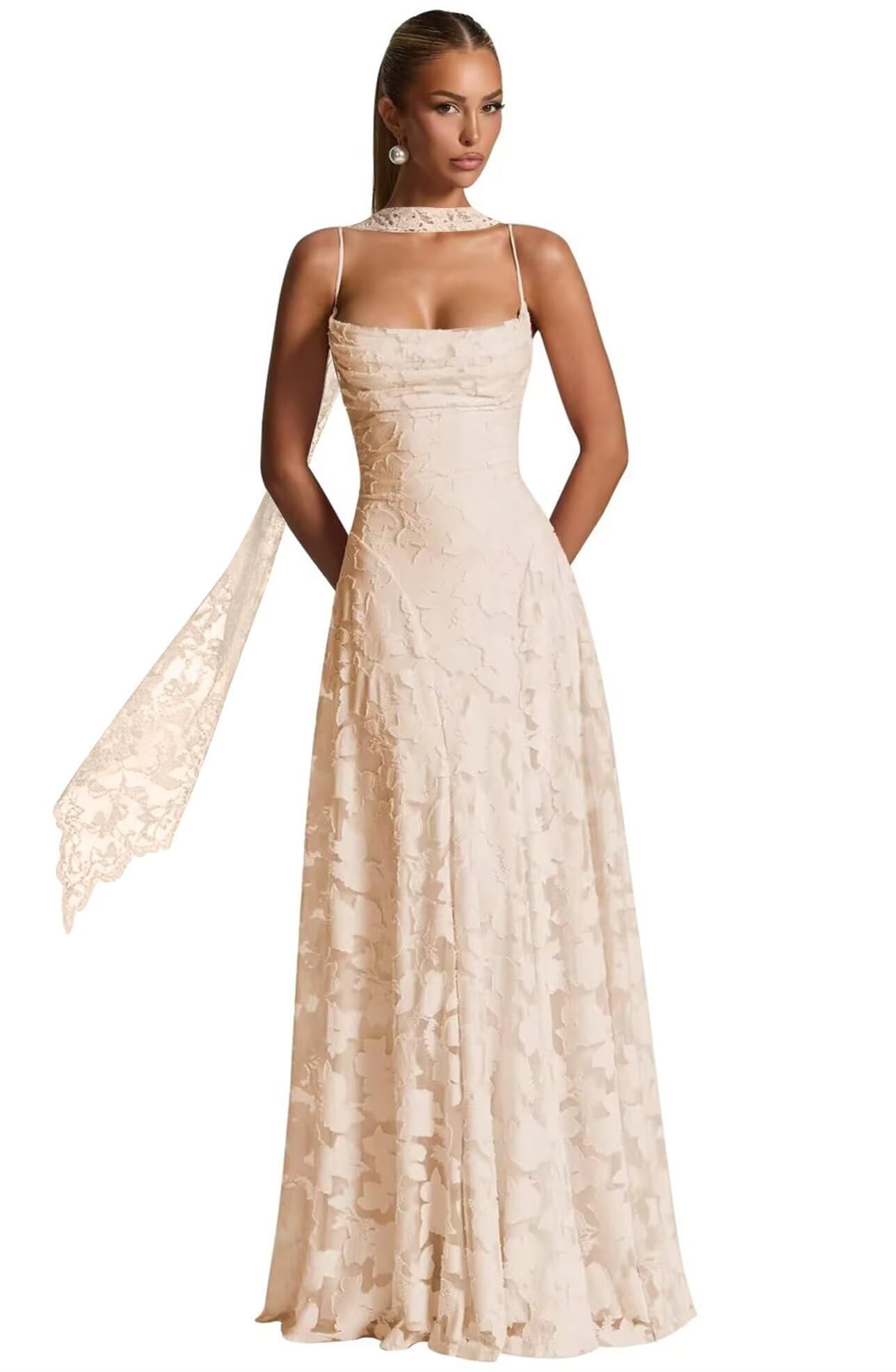 Floral Lace Bridesmaid Dresses for Women Long Spaghetti Straps Formal Evening Gowns with Scarf