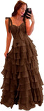 Tiered Prom Dresses with Bow Long A-Line Chiffon Formal Evening Dress for Women Spaghetti Straps Slit Ball Gown