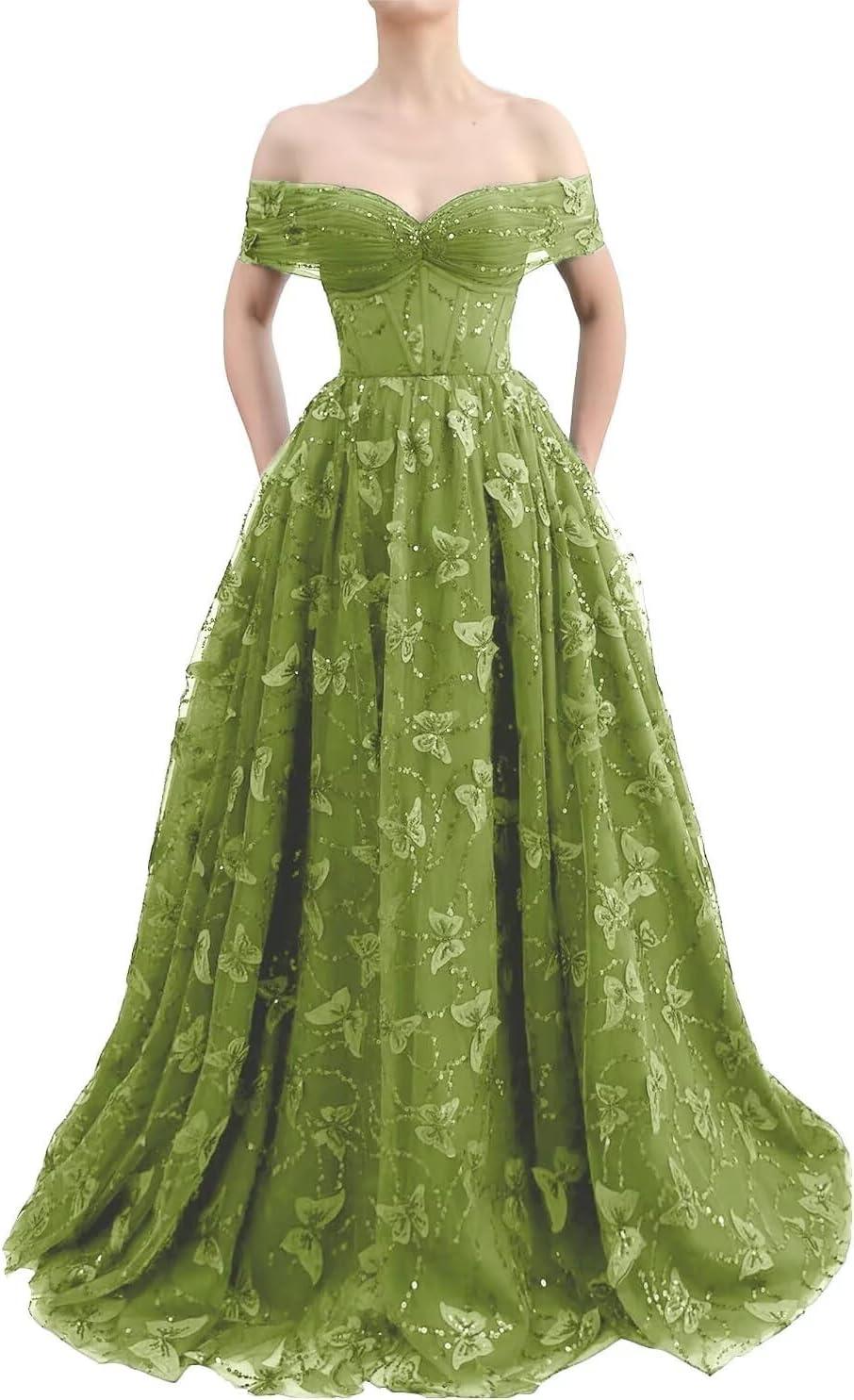 Sparkly Off Shoulder Tulle Prom Dresses with Butterfly Appliques Long A Line Formal Evening Party Gowns for Women