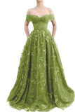Sparkly Off Shoulder Tulle Prom Dresses with Butterfly Appliques Long A Line Formal Evening Party Gowns for Women