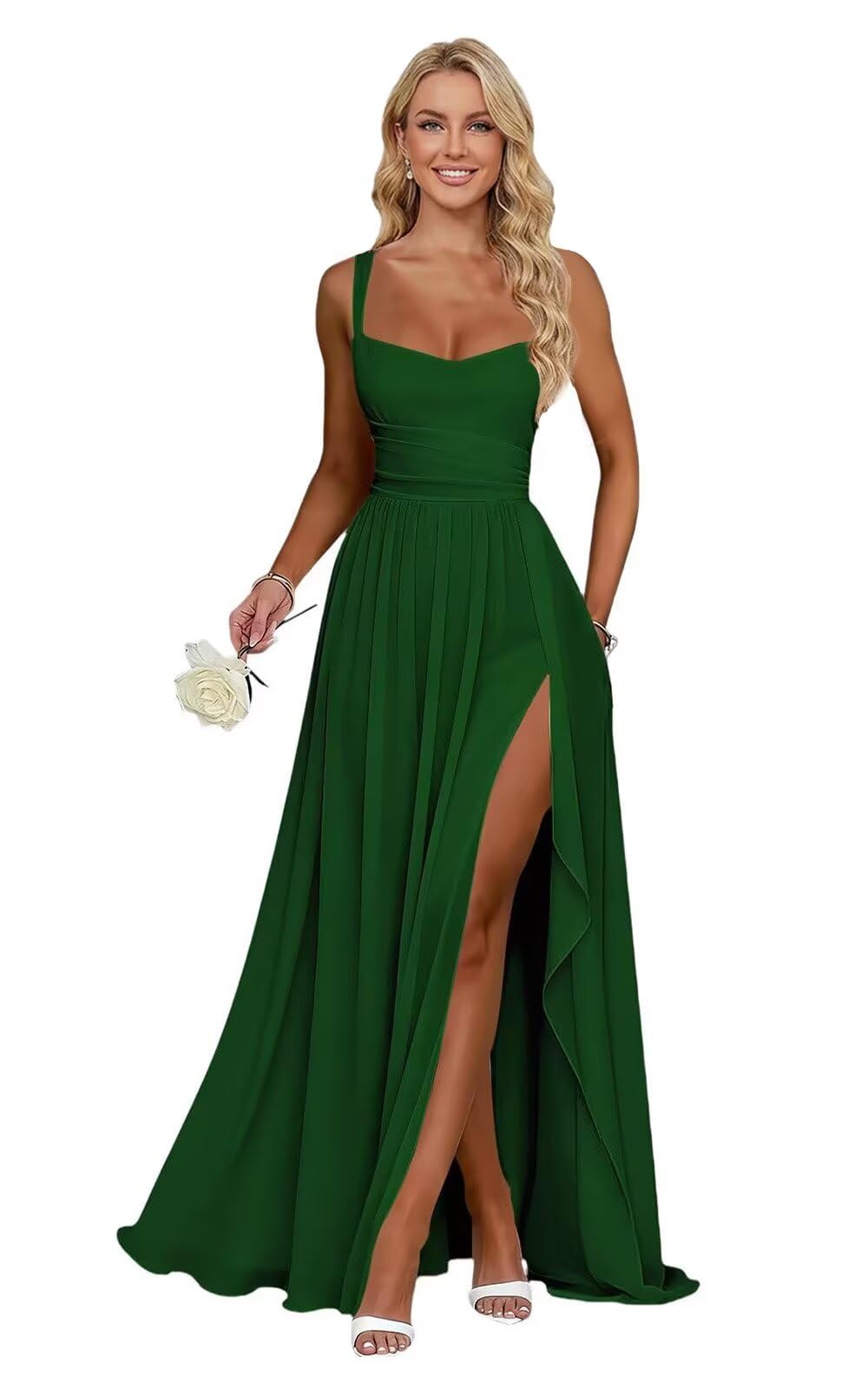 Ruffle Chiffon Bridesmaid Dress Long Square Neck Pleated Formal Gowns with Slit for Women Plus Size Spaghetti Straps Ruffles