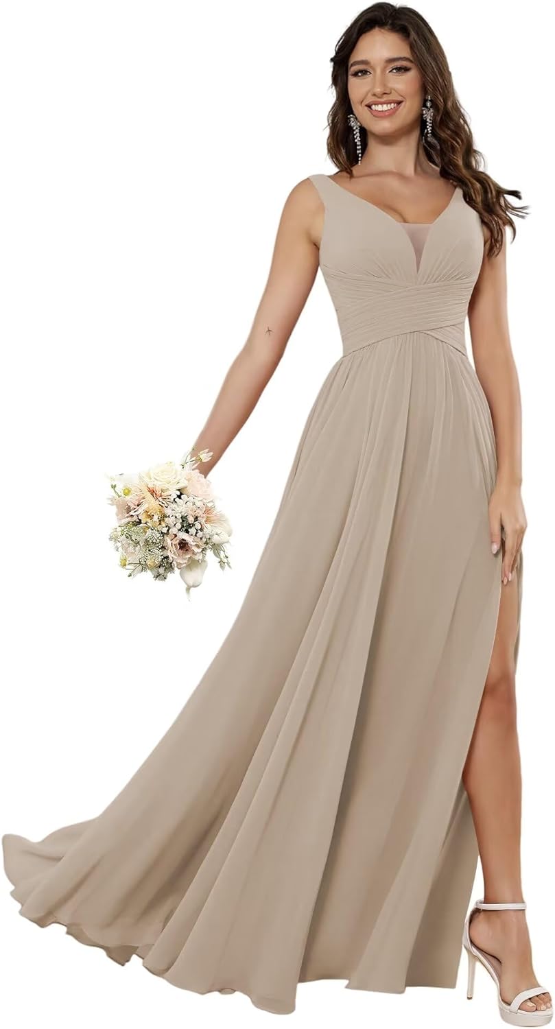 Vestidos de dama de honor sencillos de gasa para mujer con bolsillos, vestidos formales largos con escote en V y abertura 