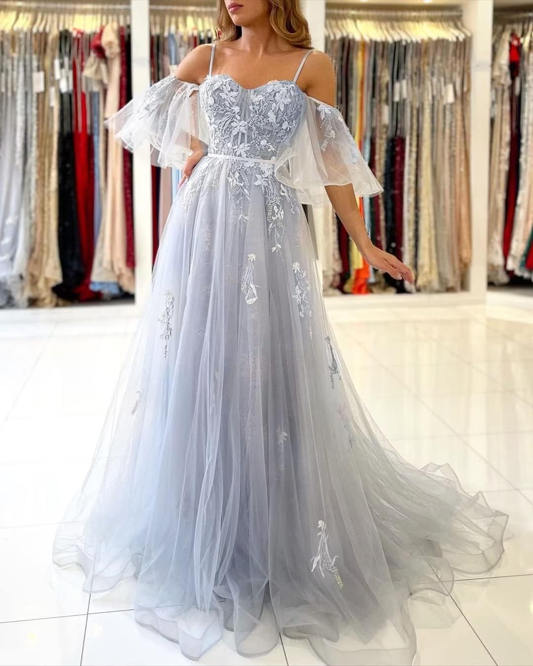 Vestidos de fiesta de tul con hombros descubiertos para adolescentes, vestidos formales con apliques de encaje, vestido de fiesta de noche formal de línea A