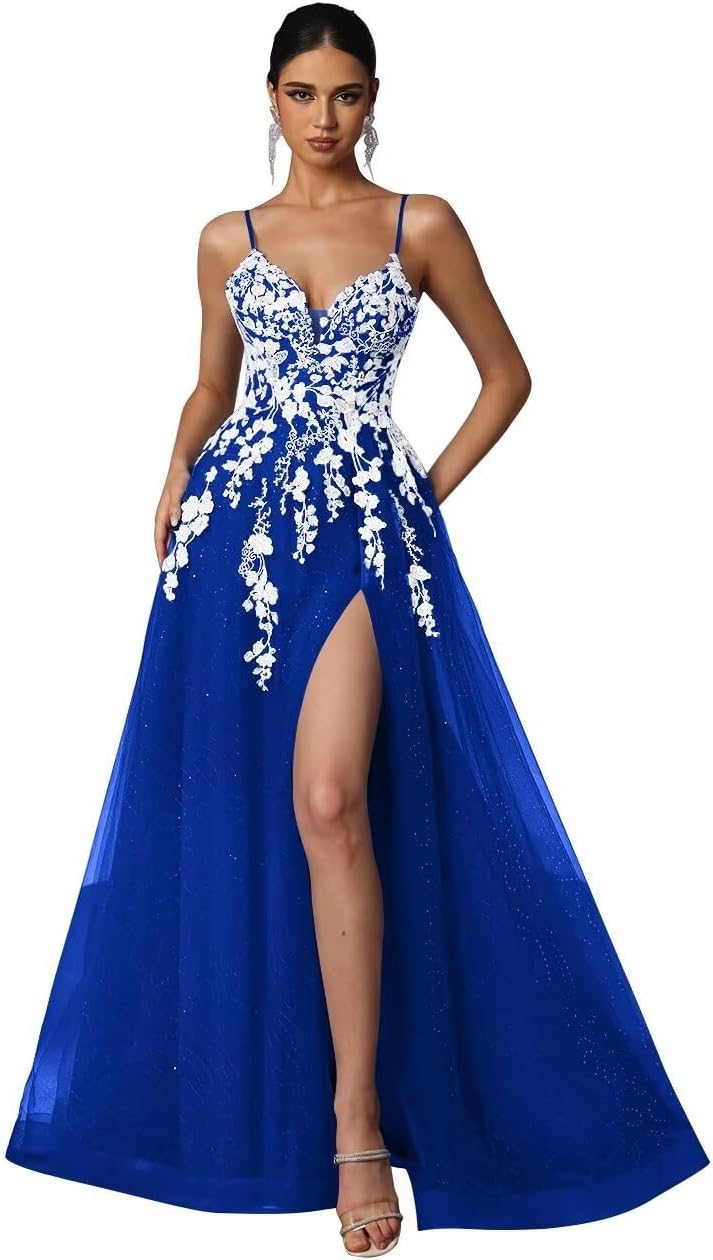 Tulle Prom Dresses 2027 Puffy Ball Gown for Women Formal V Neck Lace Appliques Evening Gown with Slit Long Homecoming Dress