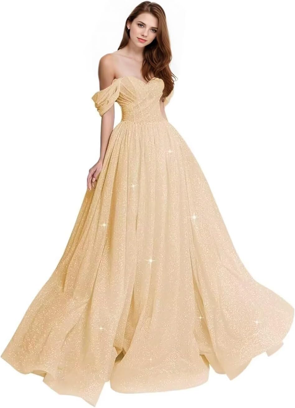 Sparkly Tulle Prom Dress 2026 Off The Shoulder Formal Dresses for Women Glitter A Line Long Ball Gown