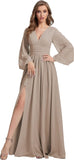 Womens V-Neck Long Sleeve Bridesmaid Dresses with Slit 2024 Ruched A-line Chiffon Prom Formal Dresses