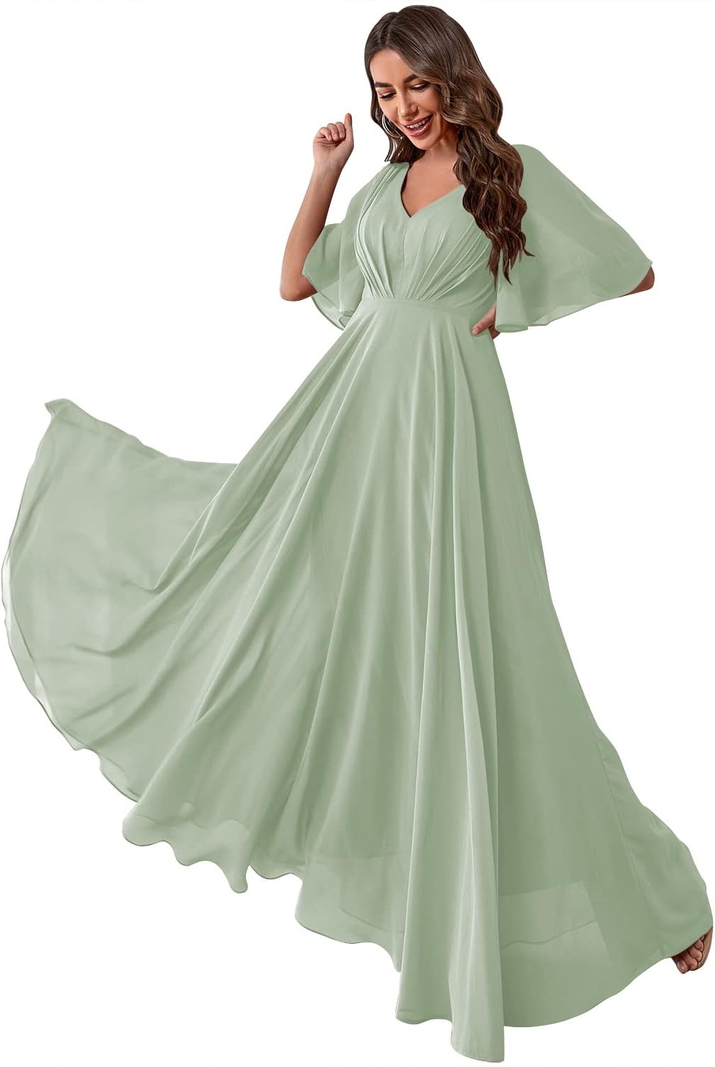 Women's Batwing Sleeve Chiffon Bridesmaid Dresses with Pockets V Neck Long Formal Evening Dress