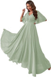 Women's Batwing Sleeve Chiffon Bridesmaid Dresses with Pockets V Neck Long Formal Evening Dress