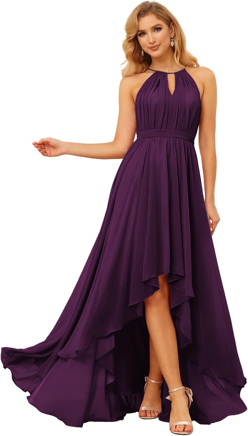 Damen Neckholder Brautjungfernkleider Lang mit Taschen High-Low Falten Formelles Kleid für Hochzeit 