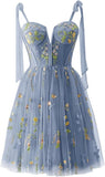 Vestidos de fiesta para mujer, con tirantes finos, cortos, bordados de flores, tul, vestidos formales 