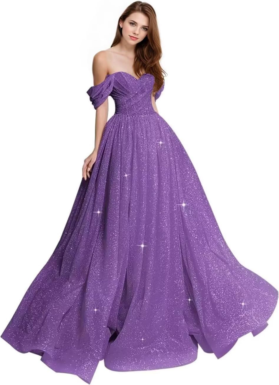 Sparkly Tulle Prom Dress 2026 Off The Shoulder Formal Dresses for Women Glitter A Line Long Ball Gown