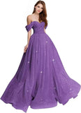 Sparkly Tulle Prom Dress 2026 Off The Shoulder Formal Dresses for Women Glitter A Line Long Ball Gown