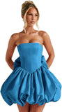 Satin Flower Bud Homecoming Dress Short Prom Dress with Bow Strapless A Line Mini Cocktail Party Gown