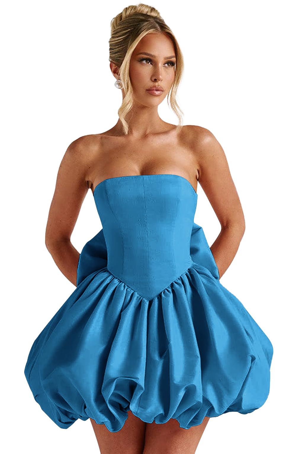 Satin Flower Bud Homecoming Dress Short Prom Dress with Bow Strapless A Line Mini Cocktail Party Gown