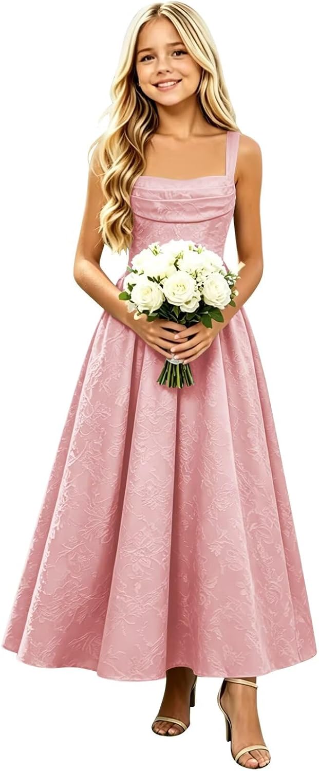Girls Floral Satin Jacquard Junior Bridesmaid Dresses Long Ruched Flower Girl Dress for Wedding