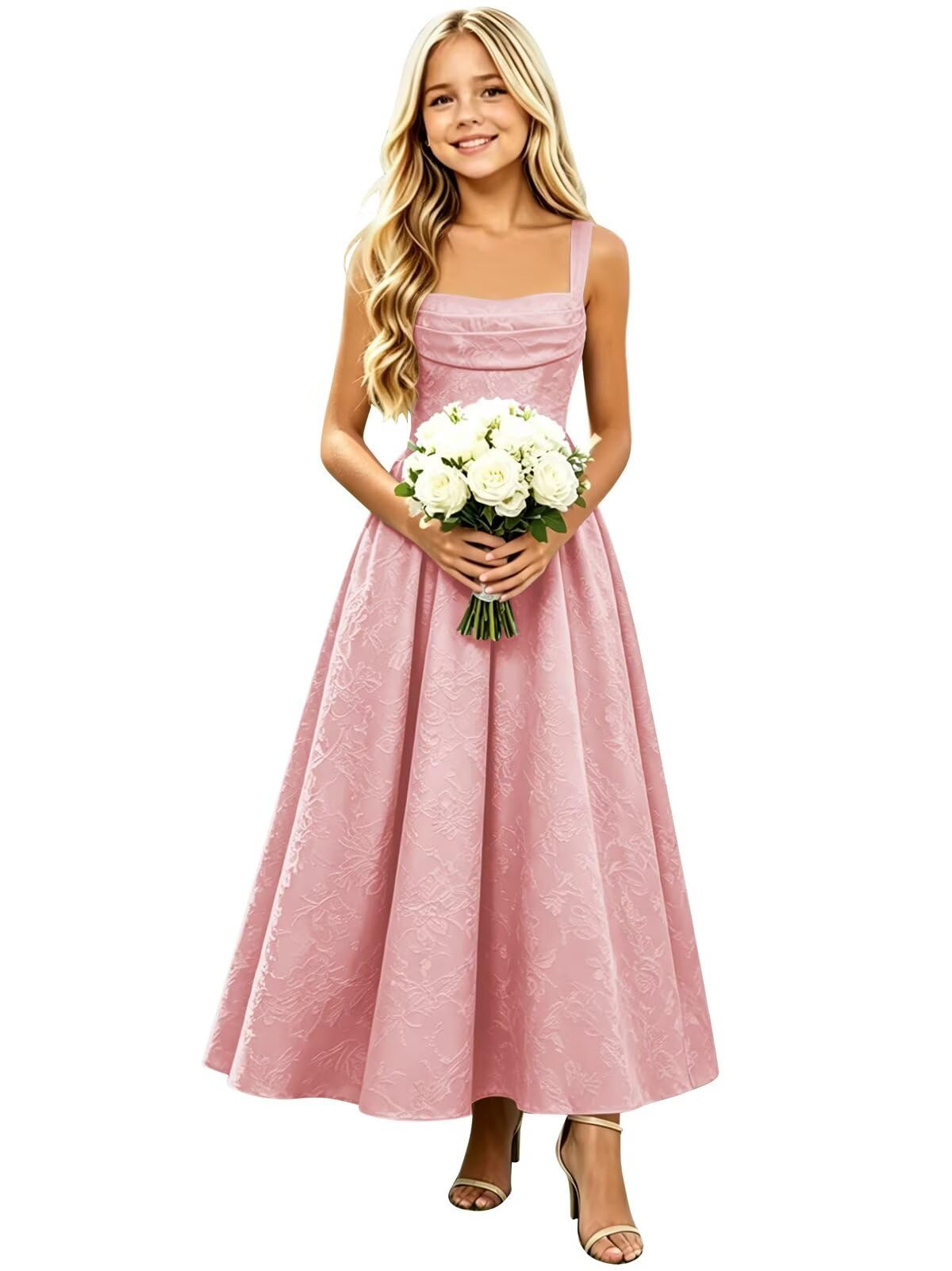Floral Satin Jacquard Junior Bridesmaid Dresses Long Ruched Flower Girl Dress for Wedding
