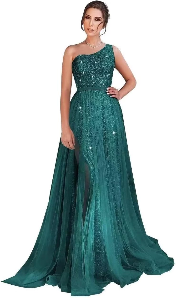 One Shoulder Sequin Prom Dress Long A-Line Tulle Formal Evening Gowns for Women 2027