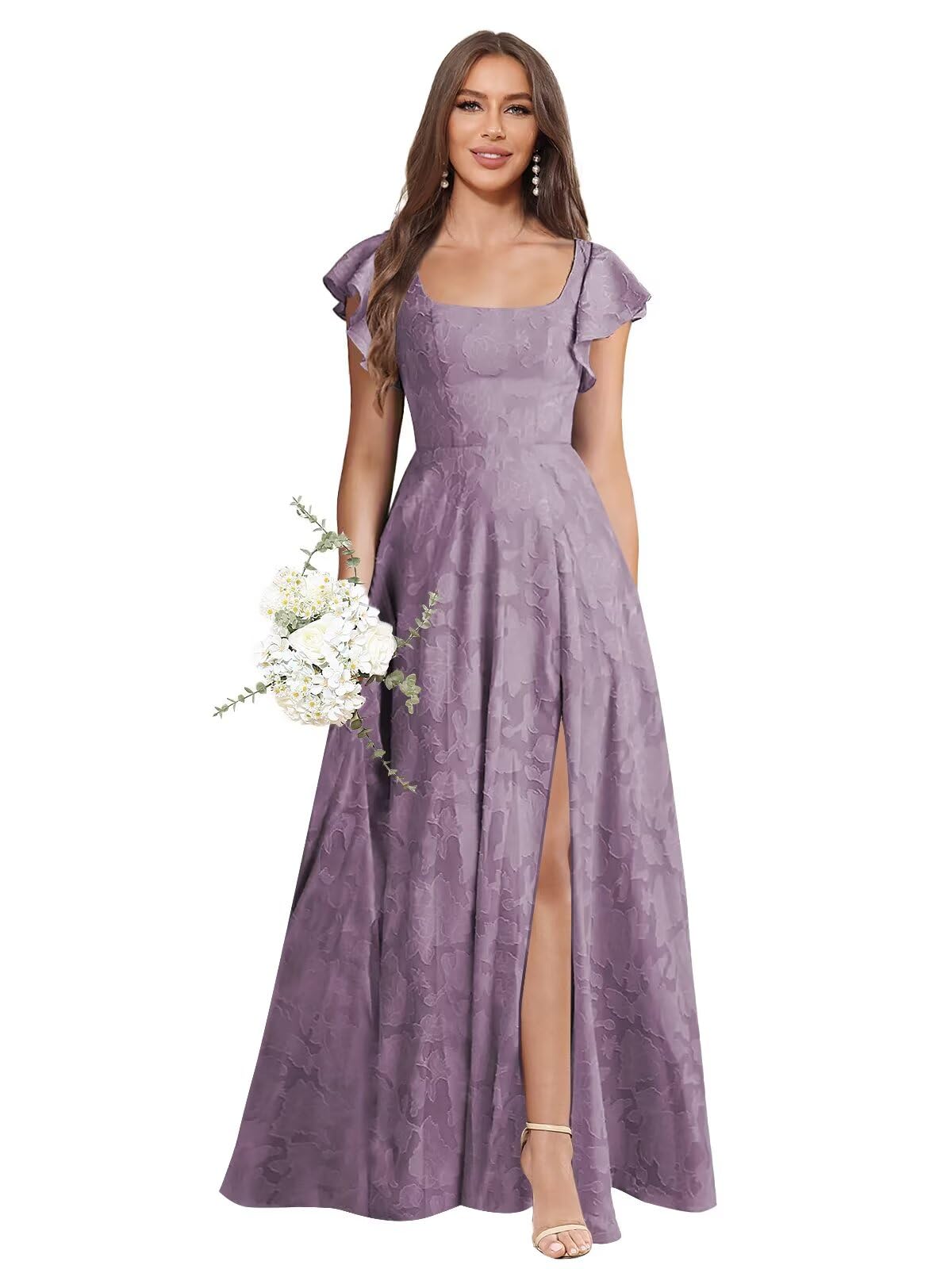 Floral Bridesmaid Dresses for Women Long A-Line Square Neck Lace Formal Evening Gown with Sleeves Slit