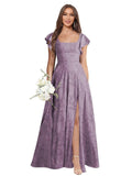 Floral Bridesmaid Dresses for Women Long A-Line Square Neck Lace Formal Evening Gown with Sleeves Slit