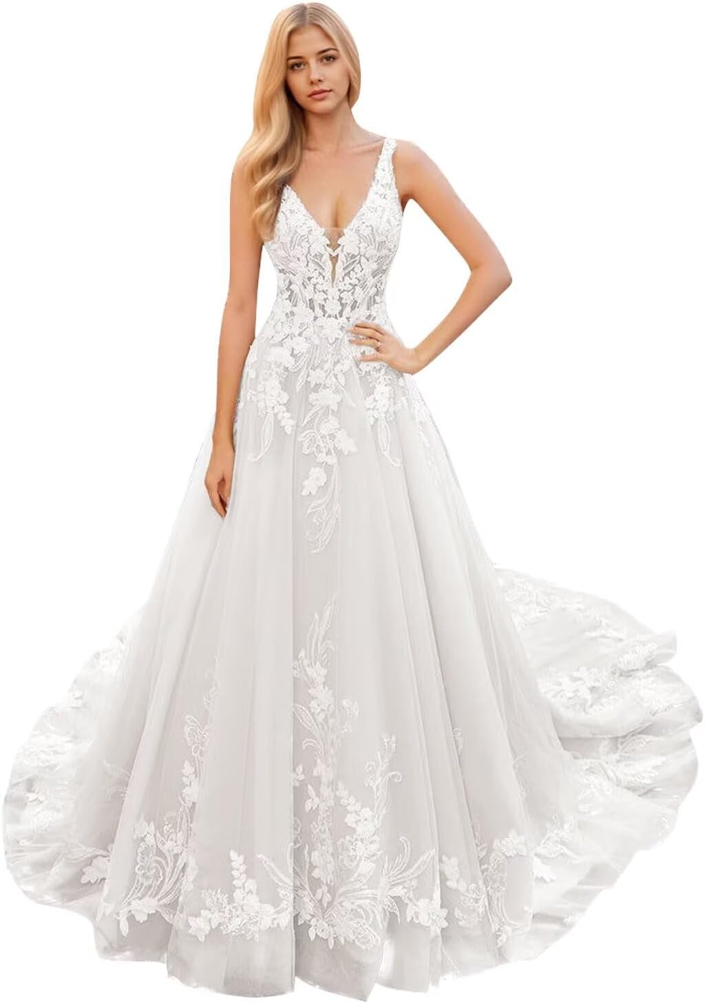 Kingbridal Gowns Lace Appliques Wedding Dresses for Bride Long V Neck Tulle Chiffon A-line Sleeveless Bridal Ball Gown for Women