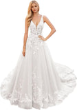 Kingbridal Gowns Lace Appliques Wedding Dresses for Bride Long V Neck Tulle Chiffon A-line Sleeveless Bridal Ball Gown for Women