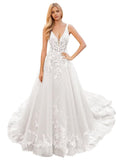 Kingbridal Gowns Lace Appliques Wedding Dresses for Bride Long V Neck Tulle Chiffon A-line Sleeveless Bridal Ball Gown for Women
