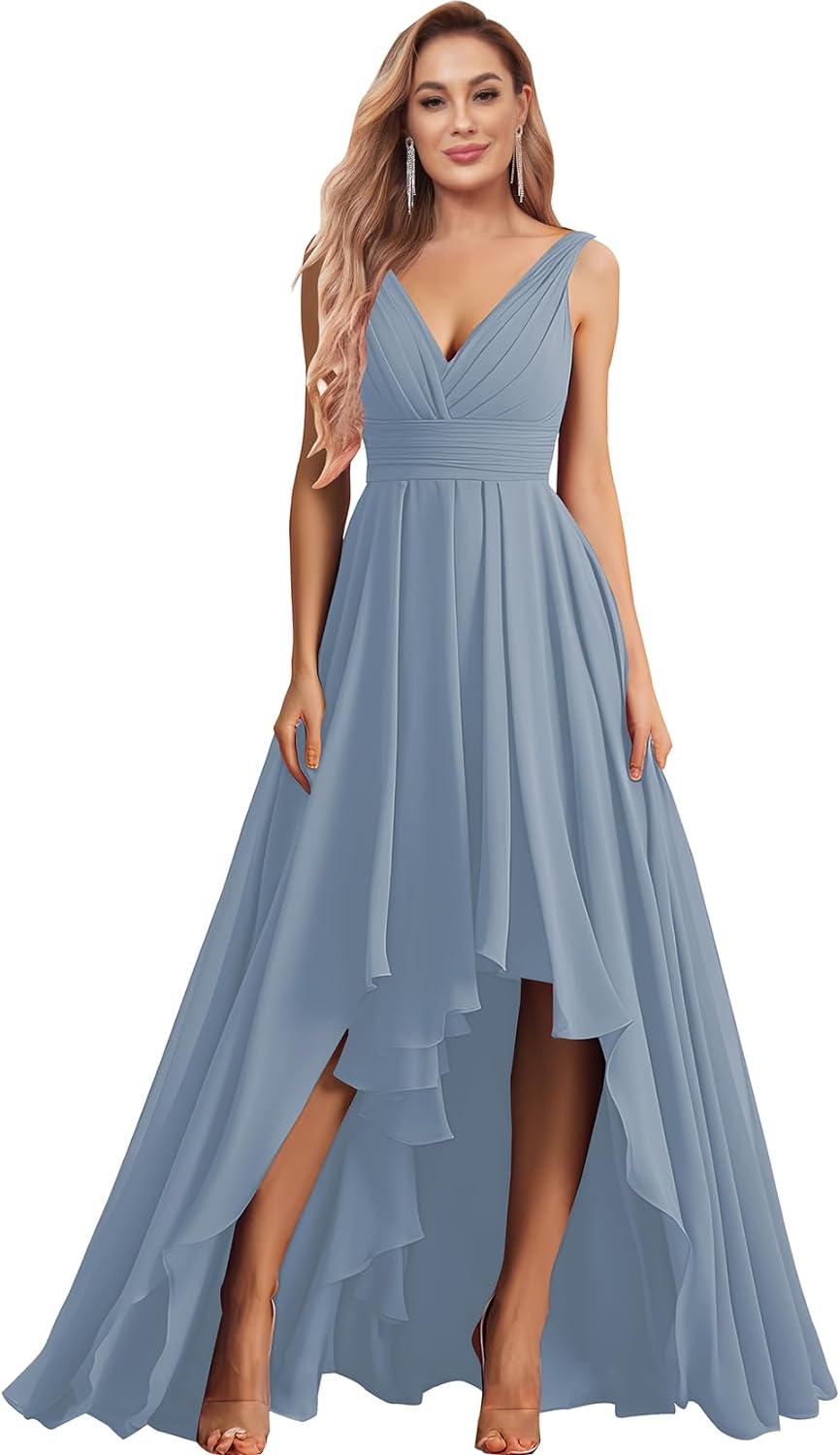 Vestidos de dama de honor con escote en V para mujer, para boda, con bolsillos, de gasa fruncida, largos, formales, para fiesta de graduación y noche.