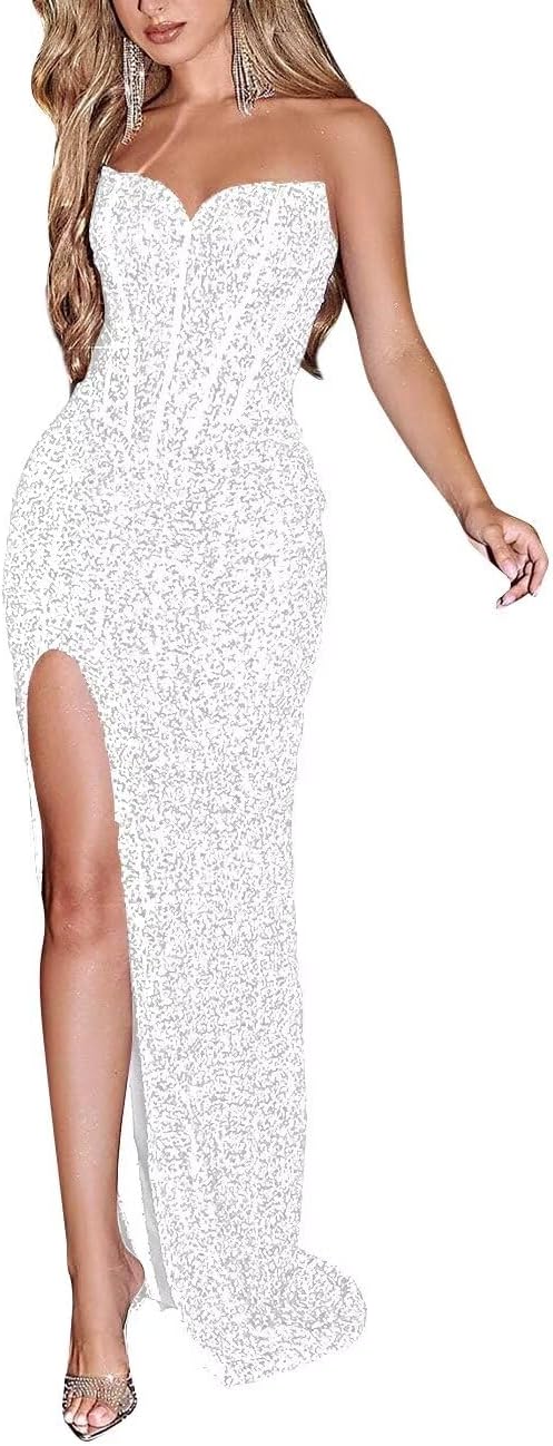 Sparkly Sequin Prom Dresses for Women 2025 Long Mermaid Strapless Glitter Formal Evening Prom Ball Gown with Slit