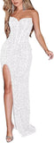 Sparkly Sequin Prom Dresses for Women 2025 Long Mermaid Strapless Glitter Formal Evening Prom Ball Gown with Slit
