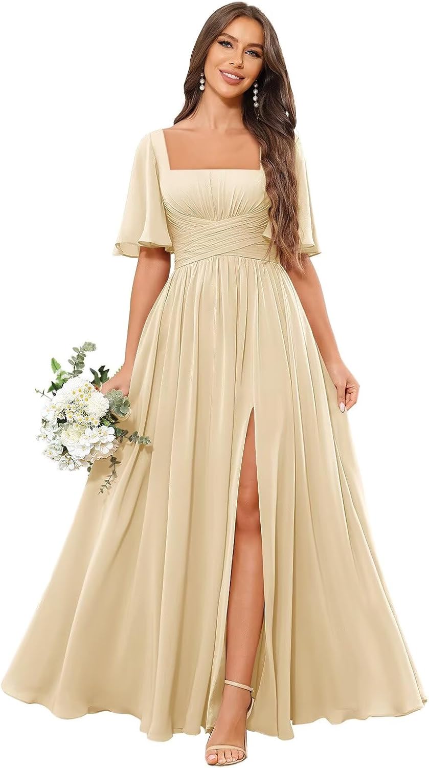 Square Neck Bridesmaid Dresses with Slit Pockets Flutter Sleeve Long Chiffon Formal Wedding Guest Dress