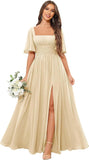 Square Neck Bridesmaid Dresses with Slit Pockets Flutter Sleeve Long Chiffon Formal Wedding Guest Dress