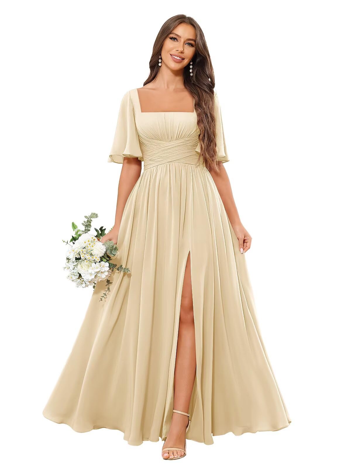 Square Neck Bridesmaid Dresses with Slit Pockets Flutter Sleeve Long Chiffon Formal Wedding Guest Dress