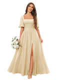 Square Neck Bridesmaid Dresses with Slit Pockets Flutter Sleeve Long Chiffon Formal Wedding Guest Dress
