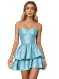 Jacquard Satin Homecoming Dresses 2027 Tiered Layed Aline Strapless Formal Cocktail Party Cute Mini Gown