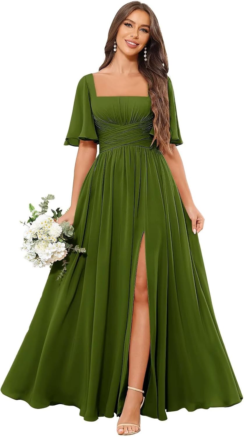 Square Neck Bridesmaid Dresses with Slit Pockets Flutter Sleeve Long Chiffon Formal Wedding Guest Dress