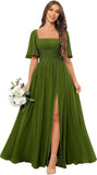 Square Neck Bridesmaid Dresses with Slit Pockets Flutter Sleeve Long Chiffon Formal Wedding Guest Dress