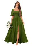 Square Neck Bridesmaid Dresses with Slit Pockets Flutter Sleeve Long Chiffon Formal Wedding Guest Dress