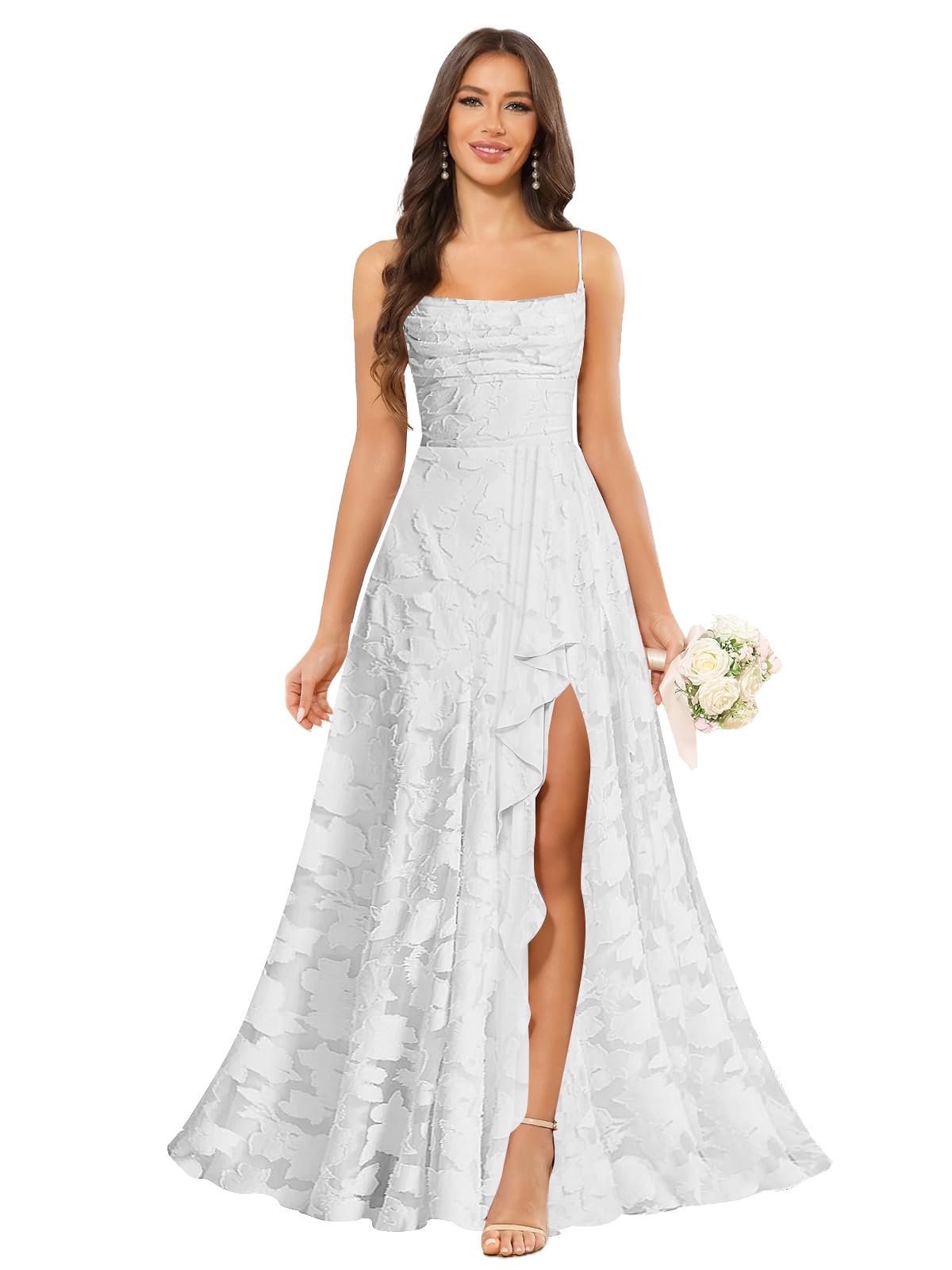 Women’s Ruffled Bridesmaid Dresses Scoop Neck Floral Chiffon Formal Dress Wrap Pleated Wedding Guest Dress