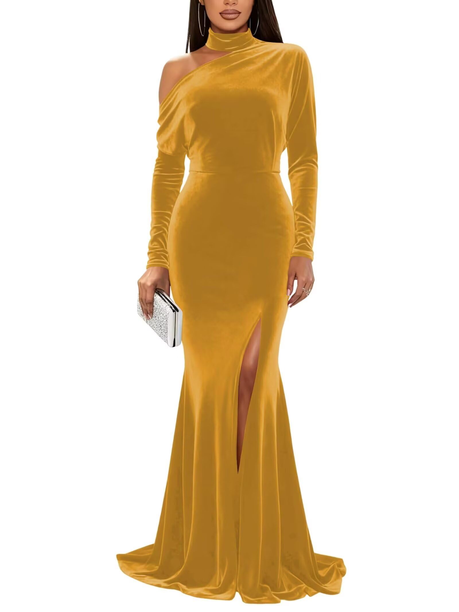 Mermaid Velvet Prom Dresses with Slit 2027 Long Sleeve Formal Dress for Women One Shoulder Evening Party Gowns