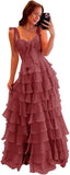 Tiered Prom Dresses with Bow Long A-Line Chiffon Formal Evening Dress for Women Spaghetti Straps Slit Ball Gown