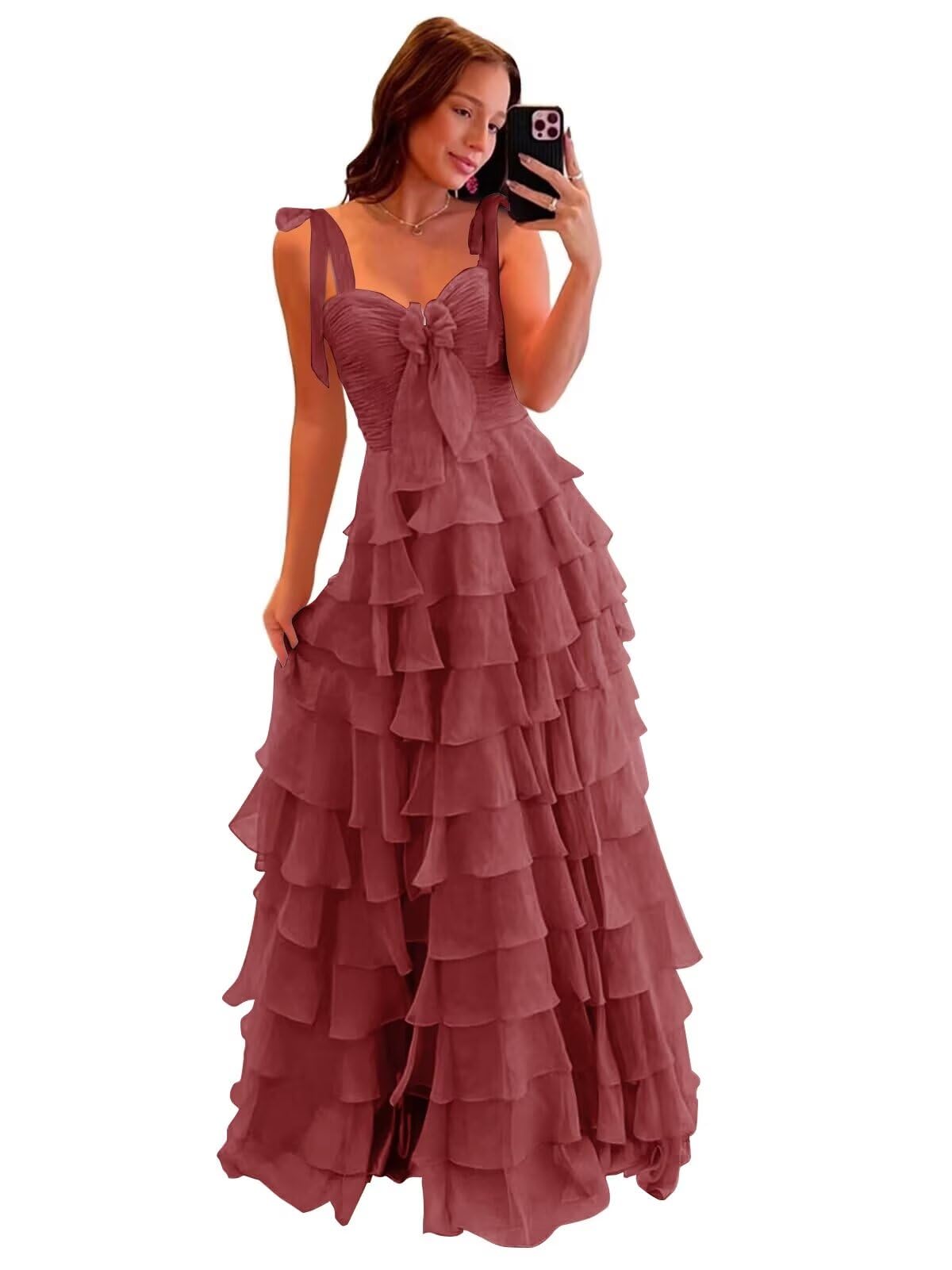 Tiered Prom Dresses with Bow Long A-Line Chiffon Formal Evening Dress for Women Spaghetti Straps Slit Ball Gown