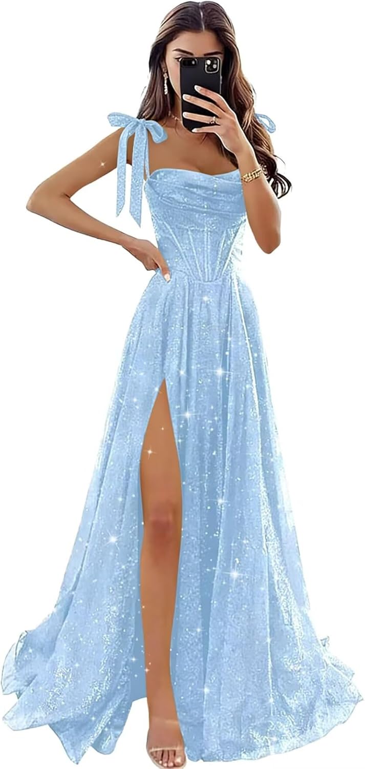 Sparkly Tulle Prom Dresses with Slit Spaghetti Straps A Line Maxi Long Formal Dress