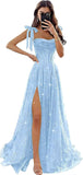 Tulle Prom Dresses with Slit Spaghetti Straps A Line Maxi Long Formal Dress