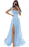 Tulle Prom Dresses with Slit Spaghetti Straps A Line Maxi Long Formal Dress
